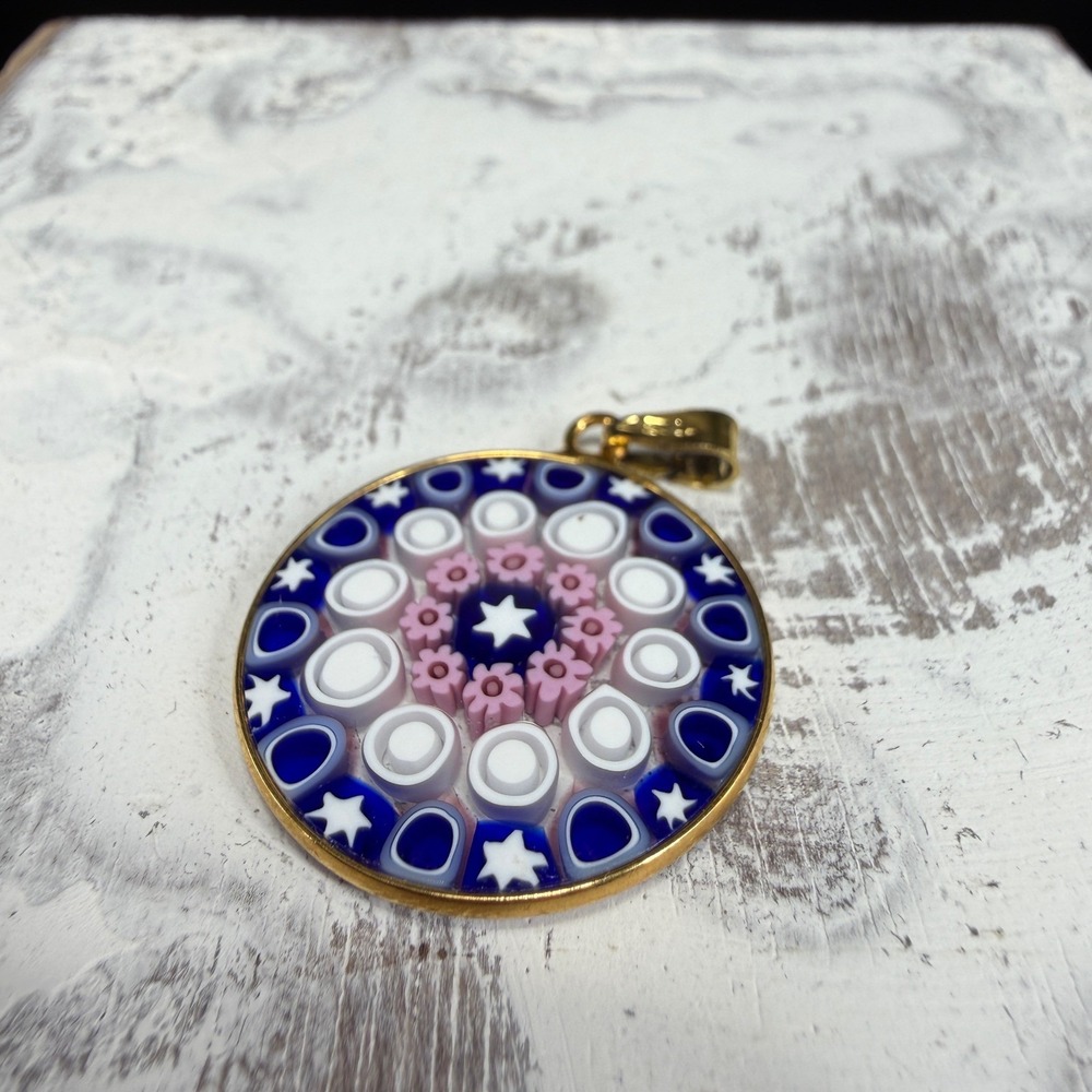 AMV Murano Millefiori Glass Pendant Hand Made Glass Italy Blue Pink Star VTG - Picture 11 of 11